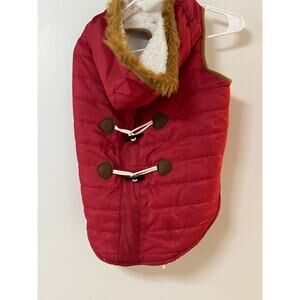 Large Red Quilted Dog Jacket with Faux Fur Hood and Toggles